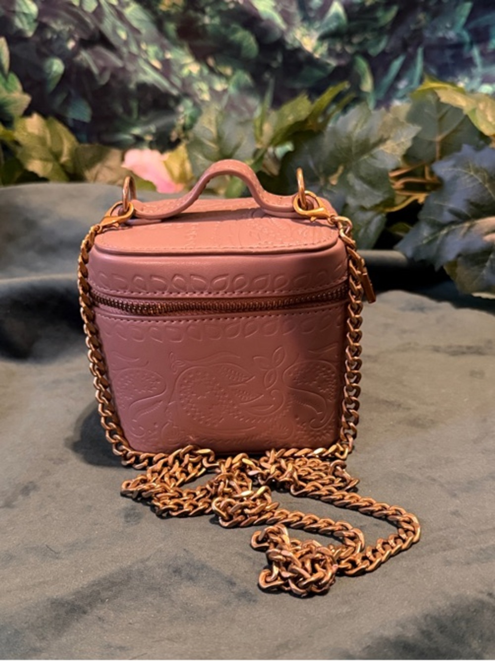 NDG Compact Embossed Mauve Crossbody Bag with Chain Strap